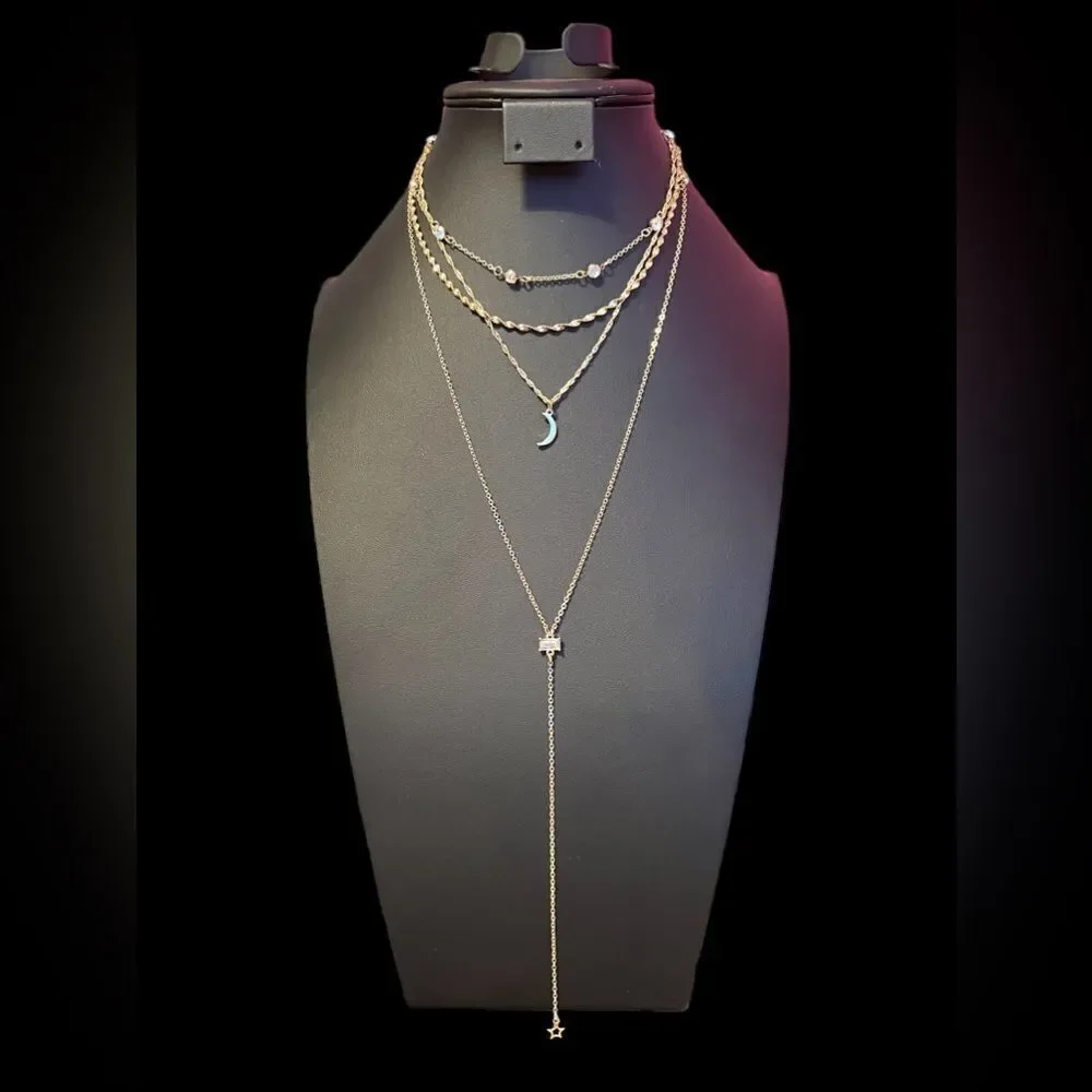 Gold Tone Multi-layered Rhinestone Moon Star Necklace